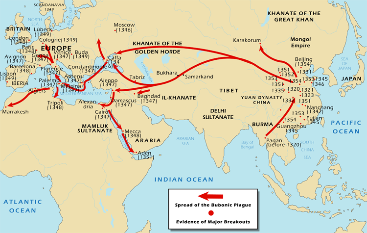 how did the black death spread trade routes