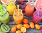 Colourful selection of fruit and beverages