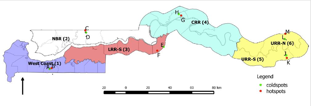 Figure 2. Map of sampling sites in The Gambia. The six geographic regions are numbered: 1 west coast, 2 LRR-N (lower river region-north), 3 LRR-S (lower river region-south), 4 CRR-N (central river region-north), 5/6 URR-S/N (upper river region-north/south). The dots indicate the locations of sampled villages: low malaria prevalence (green) and high malaria prevalence (red). The villages are: A Bessi, B Ndemban Tenda, C Chogen Wellingara, D Yallal Ba, E Sinchu Njengudi, F Dongoro Ba, G Sare Seedy, H Ngedden, K Madina Samako, J Njaiyel, L Sare Wuro, M Gunjur Koto. Figure from Opondo et al. 2016.