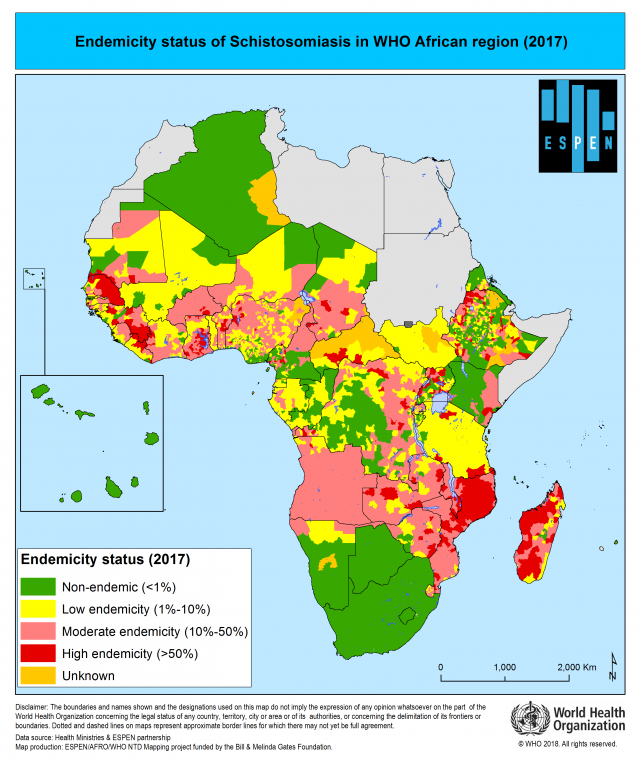 This is a map of the African continent showing the level of chistosomiasis endiemicity in different areas of endemic countries. Copyright WHO