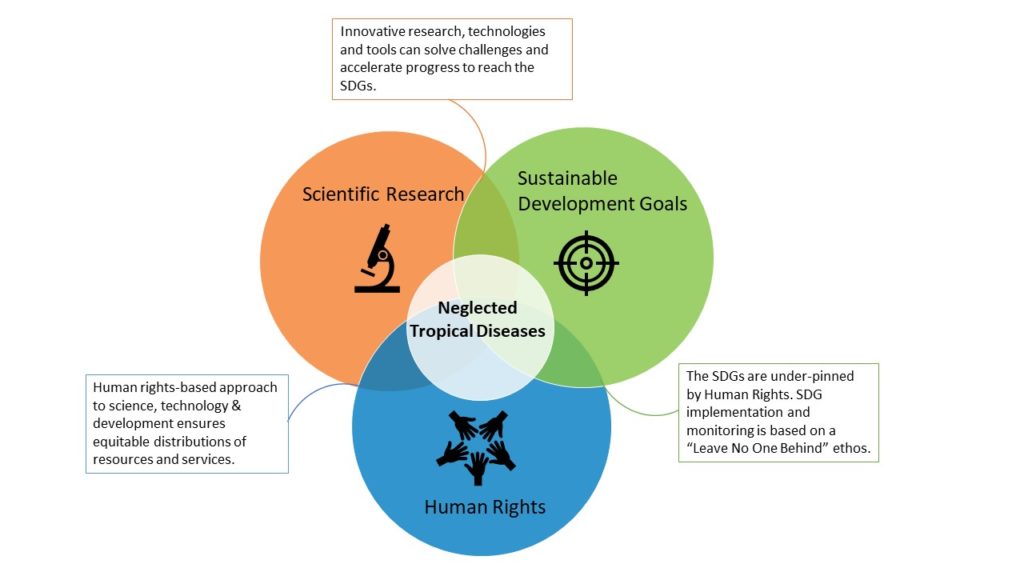 Neglected Tropical Diseases in the middle of a Venn diagram where Scientific Research, Sustainable Development Goals and Human Rights. 