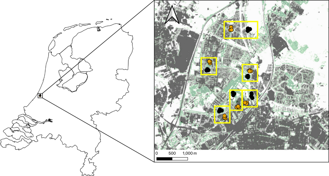 Map of Leiden, The Netherlands, showing 6 paired 'green' and 'grey' urban sampling locations (36 in total).