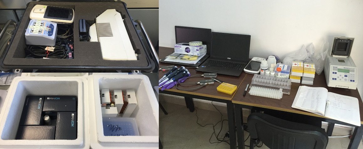 On the left: the lab equipment packed for the trip to Guinea. On the right: the lab set up to analyze Ebola patient samples.