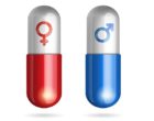 Blue and red pills with male female symbols