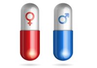 Blue and red pills with male female symbols
