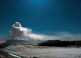 Mount Aso in Japan erupting at night